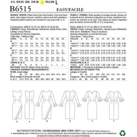 Butterick Sewing Pattern 6515 Ruffle Dress Misses Size 14-22 - Picture 2 of 6